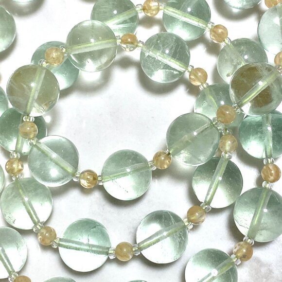 Genuine Green Fluorite & Golden Rutilated Quartz Gemstone Beaded Necklace - Picture 1 of 11